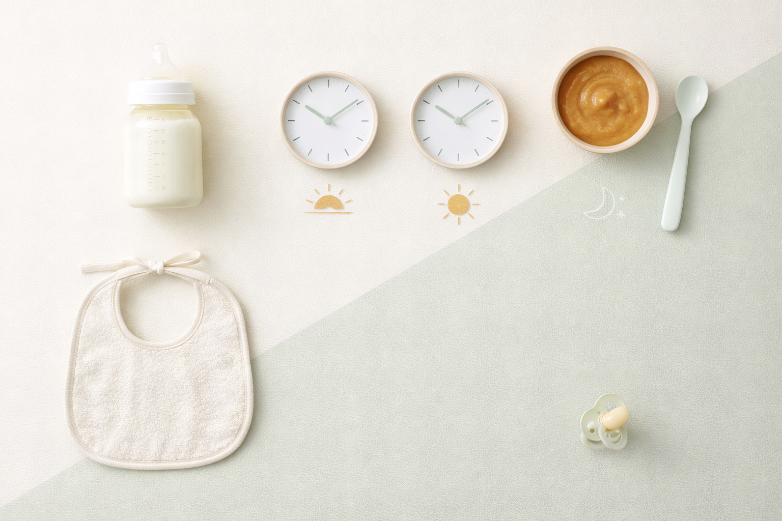 Flat lay of baby feeding items, including a bottle, bib, spoon, pacifier, and bowl of puree, with clocks and day-and-night icons representing a baby feeding schedule.