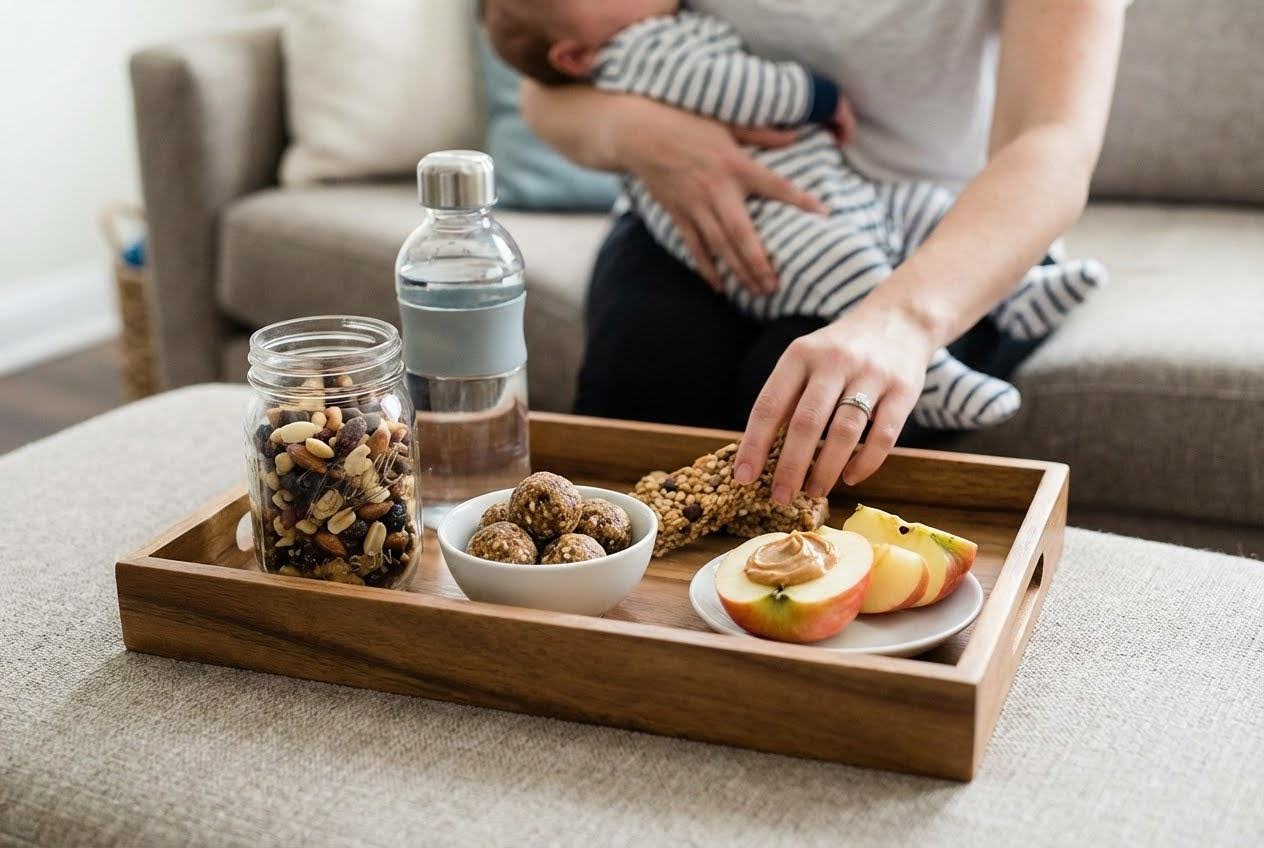 A mother holding a baby reaches for a granola bar on a wooden tray with snacks and water