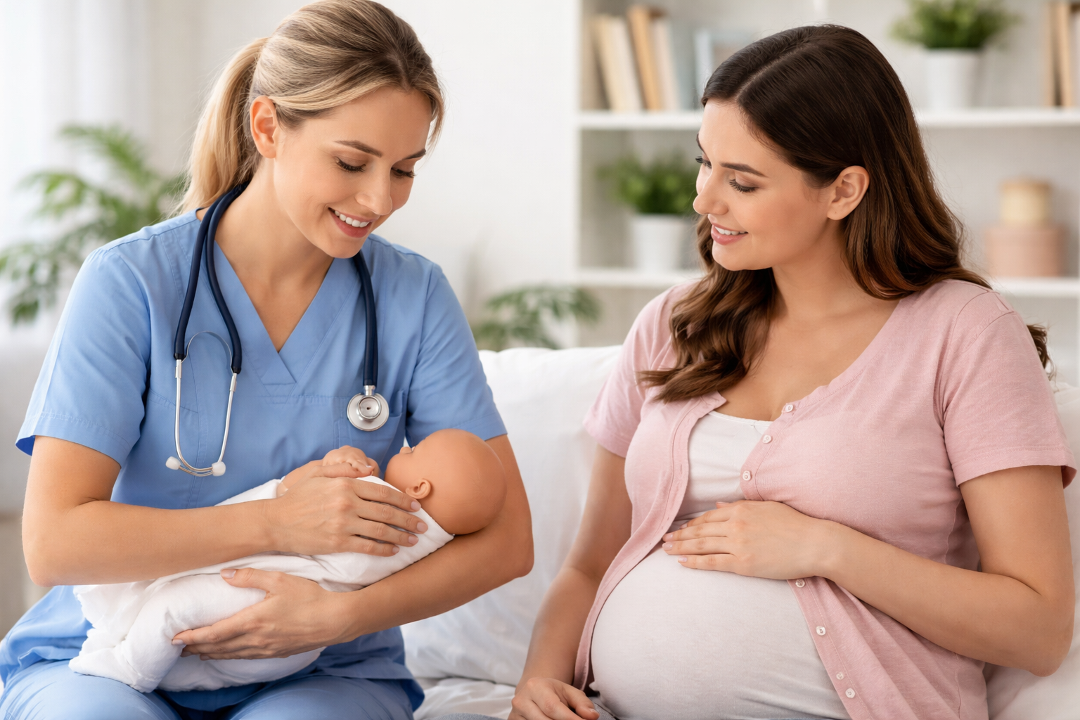 Nurse holding a baby doll while a pregnant woman sits beside them, smiling.