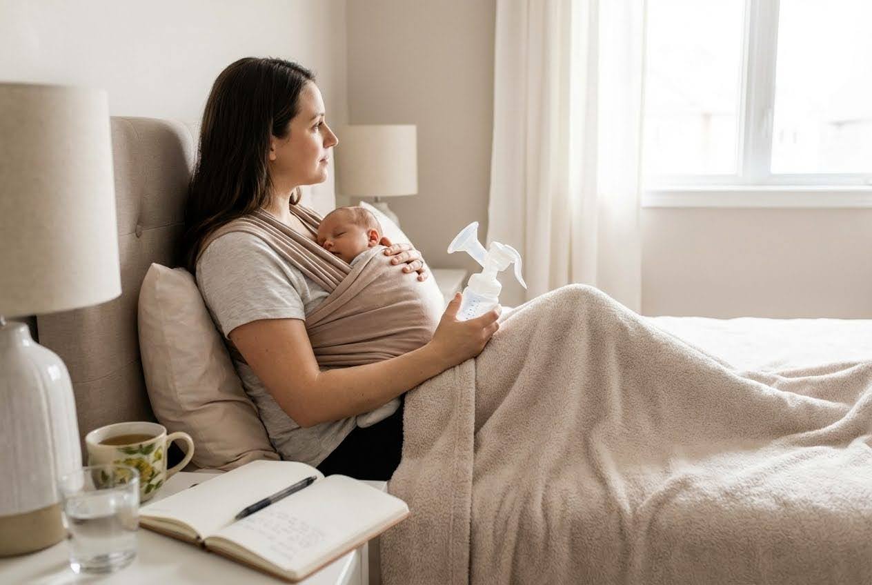 Mother in bed, baby in a sling, holding a breast pump, with a notebook and tea on the nightstand