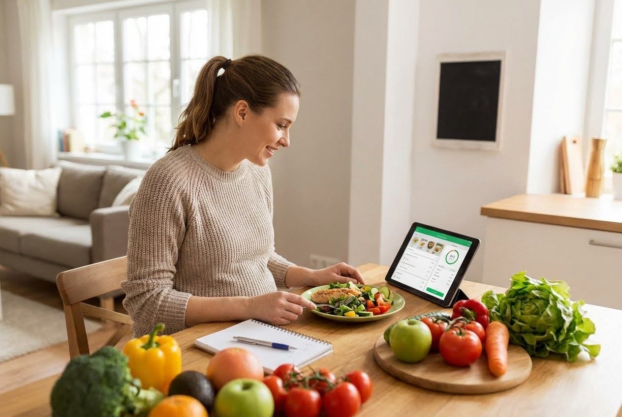 Smiling pregnant woman eating a healthy meal, with a tablet displaying a calorie tracker and fresh produce on a wooden table.