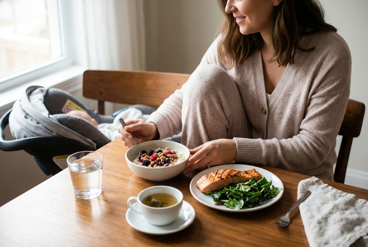 Woman eating oatmeal with berries and salmon with greens at a wooden table, with a baby sleeping in a car seat nearby.