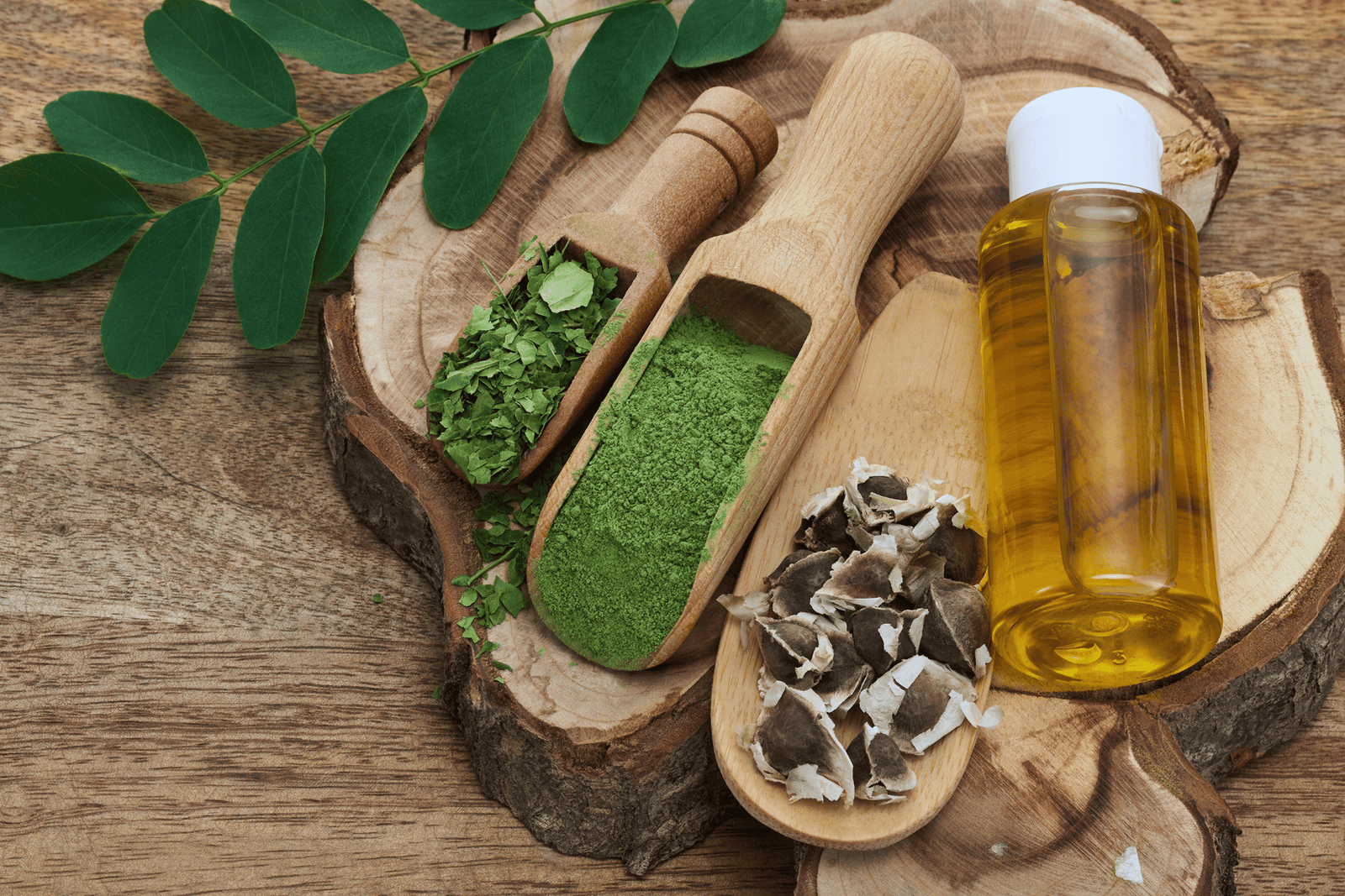 Moringa powder, dried leaves, seeds, and oil arranged on a wooden board