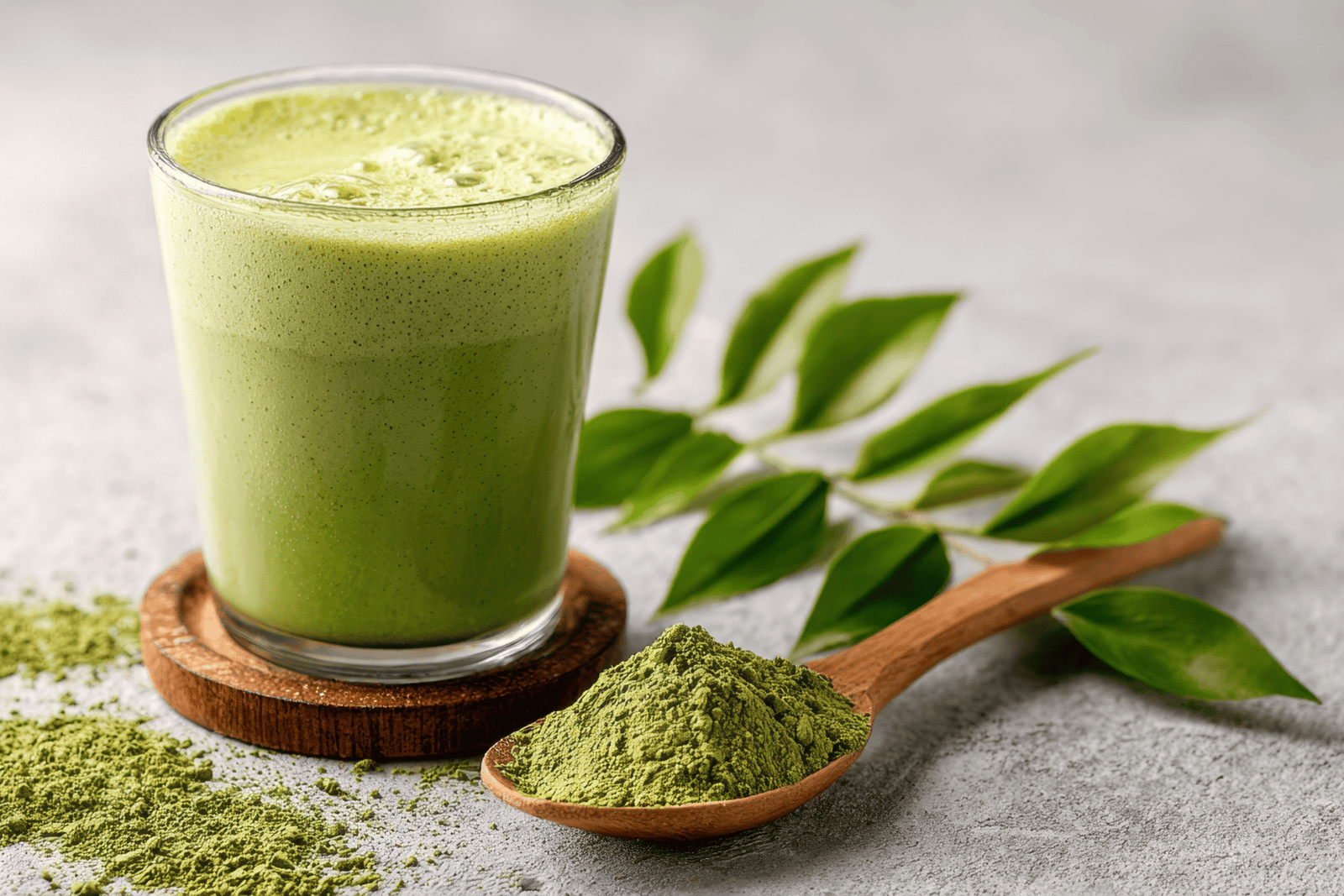 A green lactation smoothie in a glass, made with leafy greens and powdered herbs, shown with fresh leaves and green powder to represent natural ingredients that may support breast milk production.