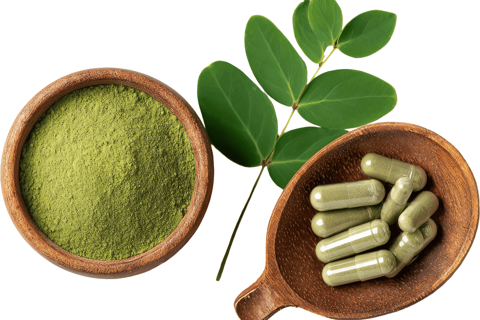 Bowls of green herbal powder and capsules with fresh green leaves on a white background, symbolizing natural supplements used to support milk supply.