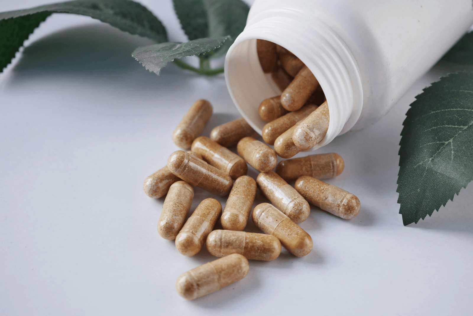 A white supplement bottle tipped on its side with beige digestive enzyme capsules spilling out onto a clean surface, with green leaves placed nearby to suggest a natural or herbal supplement.