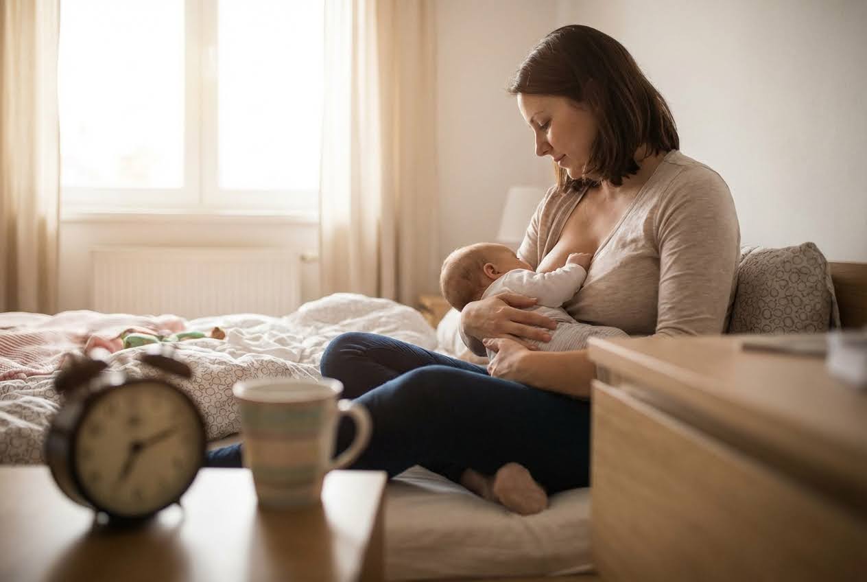 A mother breastfeeds her baby in a sunlit bedroom, with an alarm clock and a mug on a nearby table.