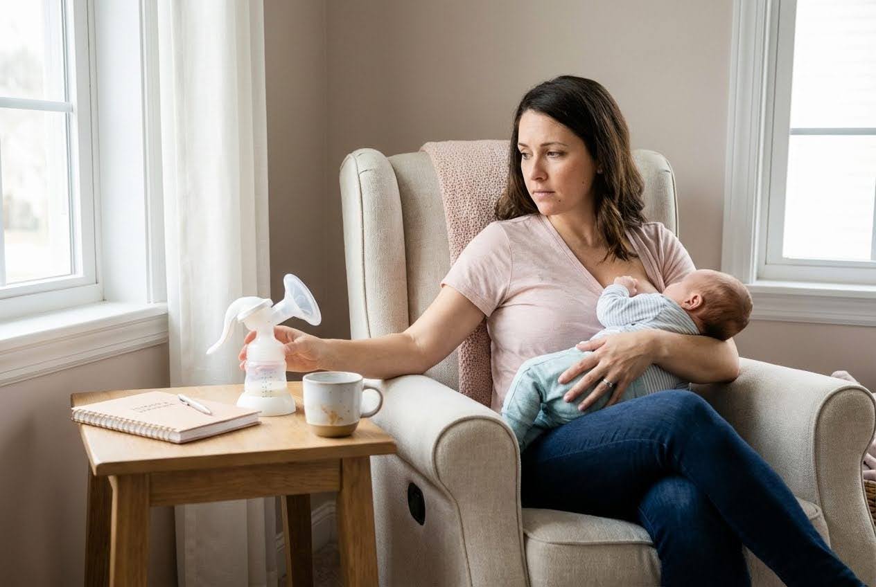 A mother in a pink shirt breastfeeds her baby while holding a breast pump, looking concerned.