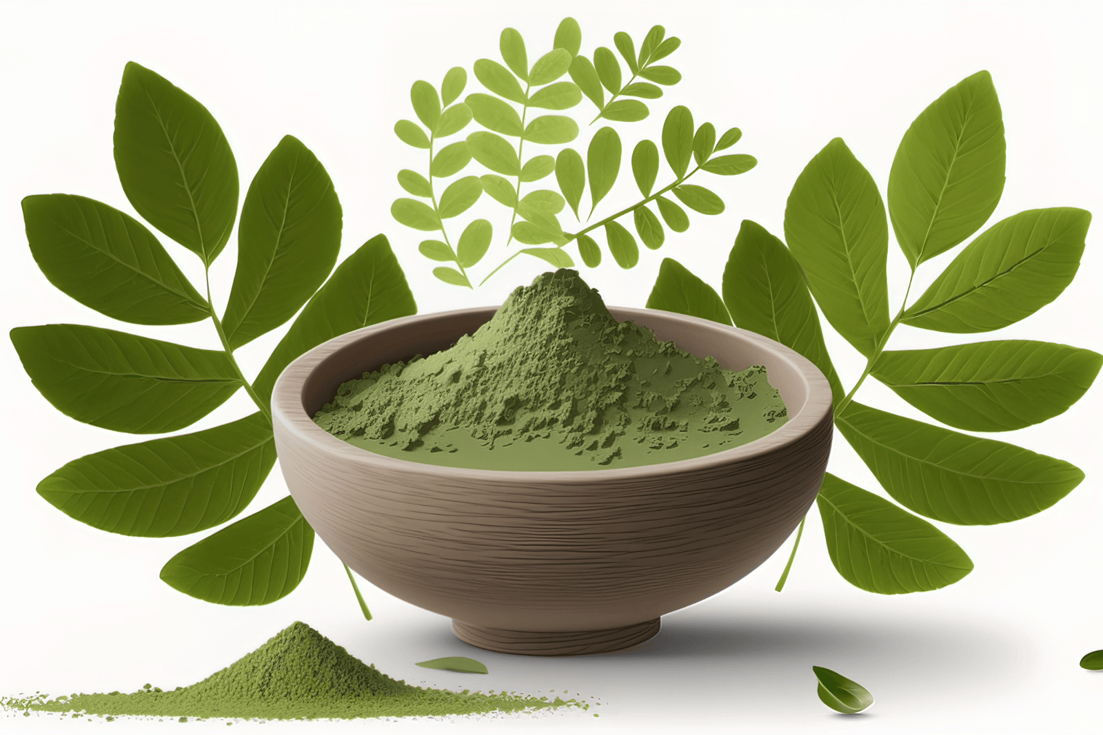 Bowl of green herbal powder surrounded by fresh leaves on a white background, symbolizing natural breastfeeding supplements and lactation support.