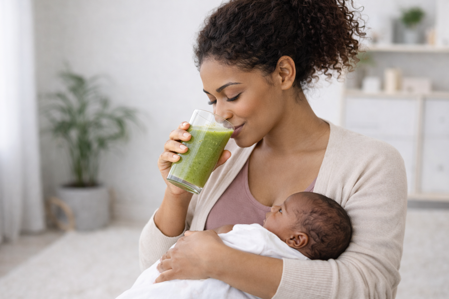 Mother holding her baby while drinking a green smoothie