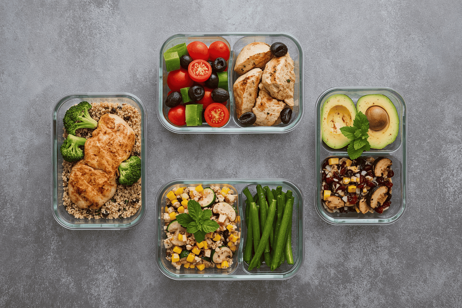Healthy gestational diabetes meal prep in glass containers with grilled chicken, quinoa, broccoli, green beans, avocado, tomatoes, and mixed vegetables on a gray background.
