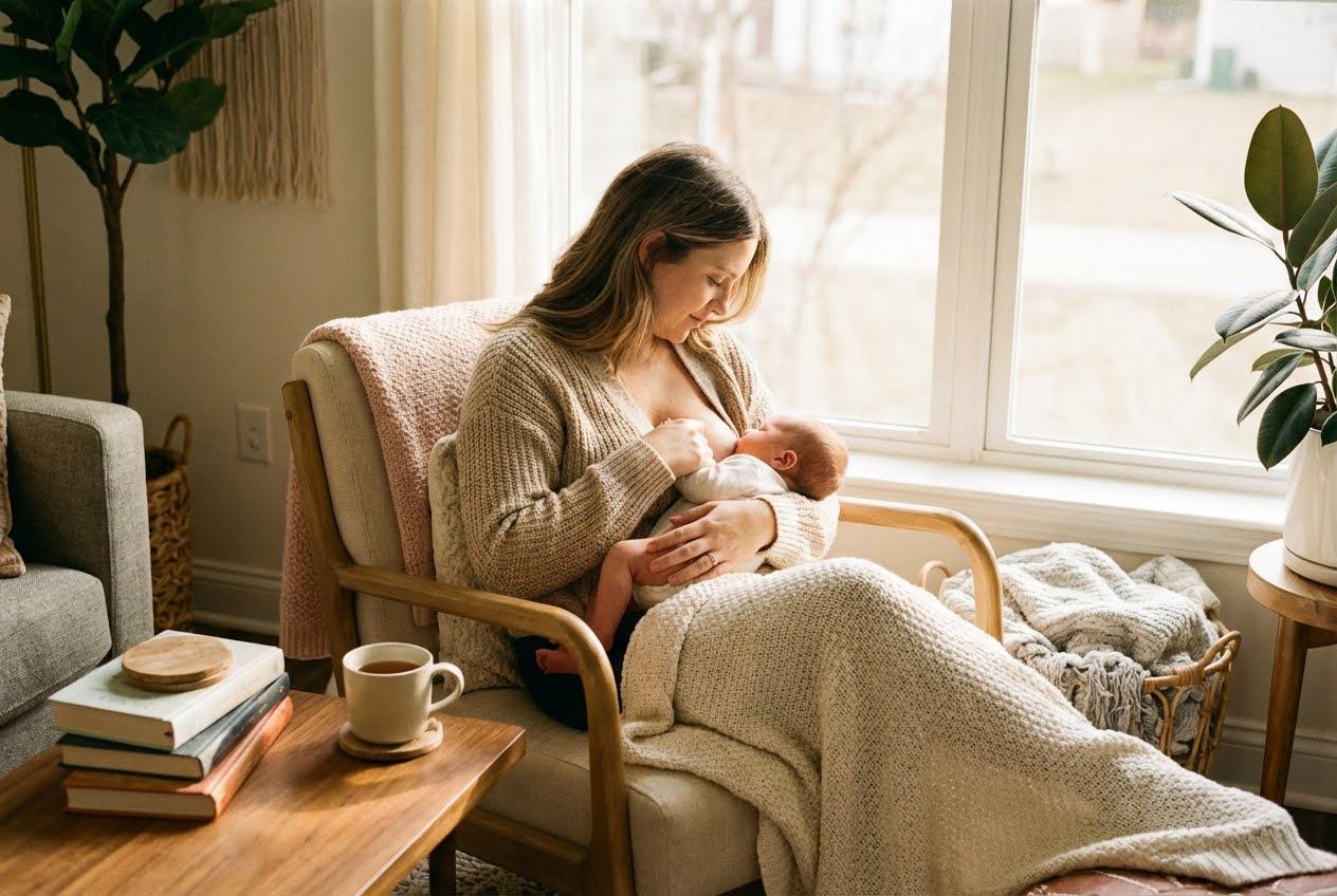 A mother in a cozy sweater breastfeeds her newborn baby by a sunny window in a warm, inviting living room.