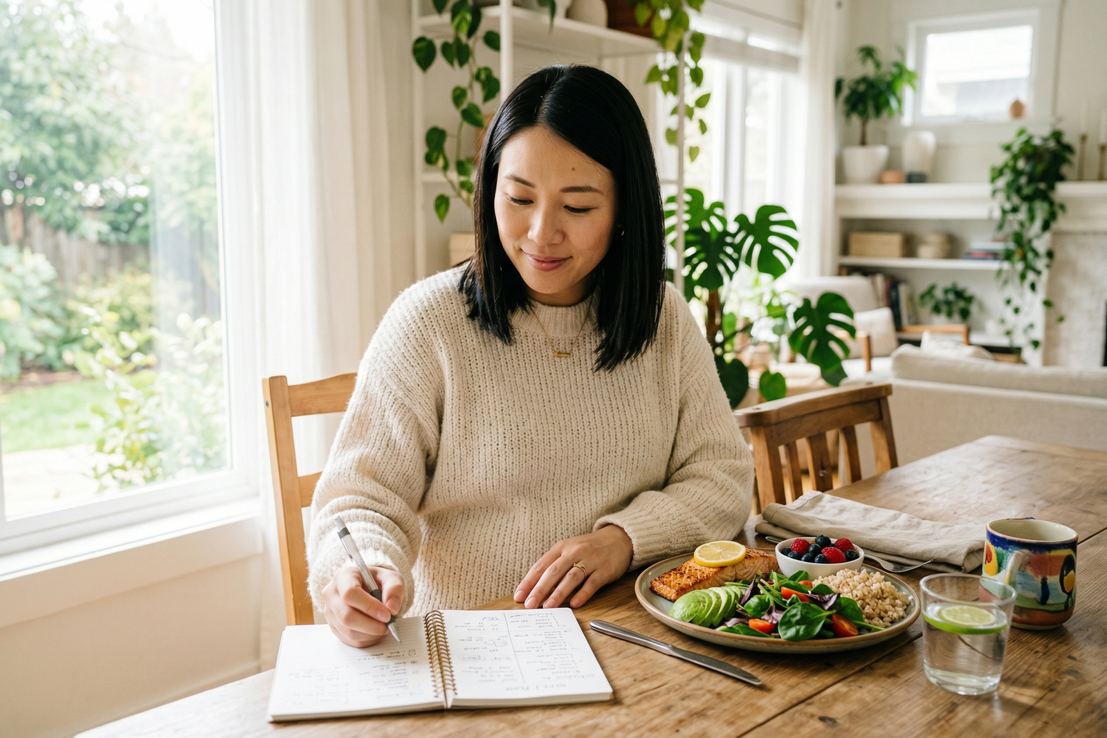 Pregnant woman writing in a meal plan notebook at a dining table with a nutritious plate of salmon, greens, and berries.
