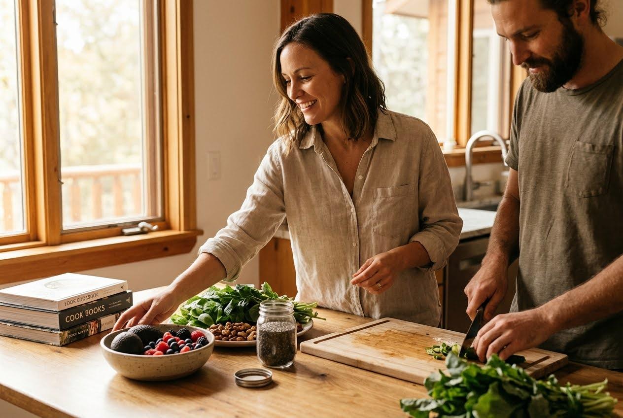 A smiling woman and a bearded man prepare healthy food, including berries, nuts, and greens, in a sunlit kitchen.