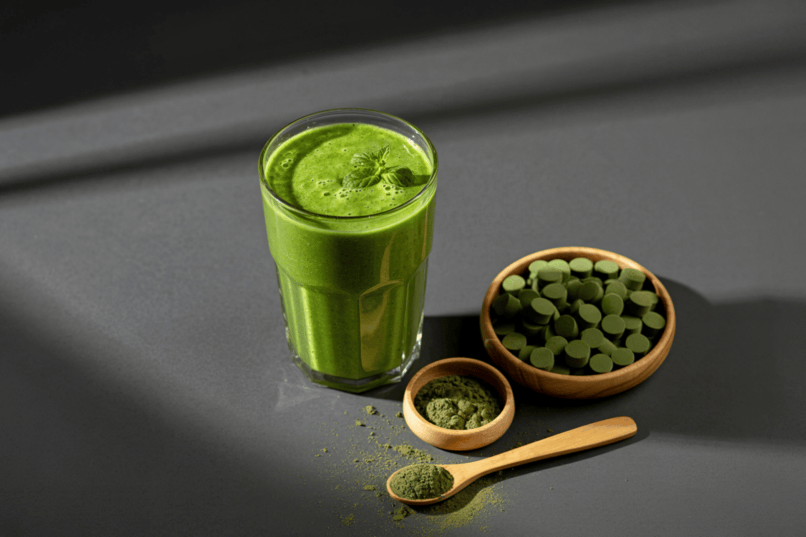 Green smoothie in a glass beside a bowl of green tablets and green powder in wooden dishes on a dark background, representing green superfood supplements.