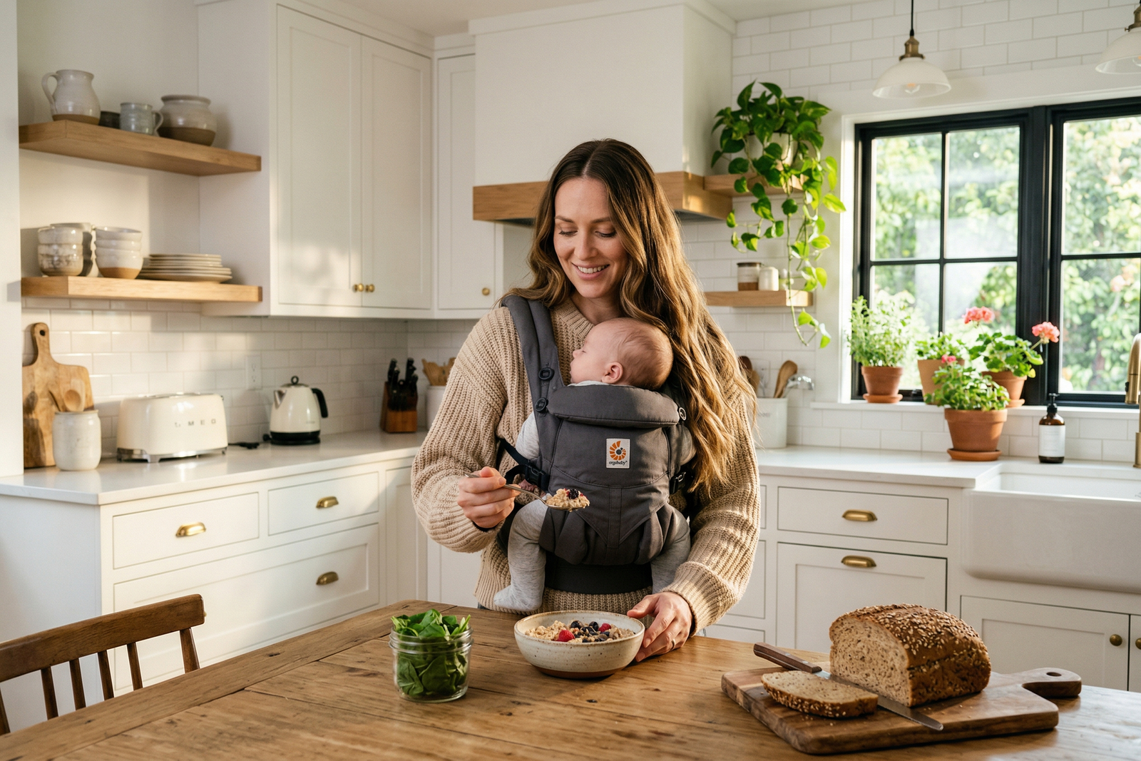 Woman carrying a baby in a front carrier while eating a bowl of oatmeal with berries in a clean modern farmhouse kitchen with spinach and seeded bread on the table.