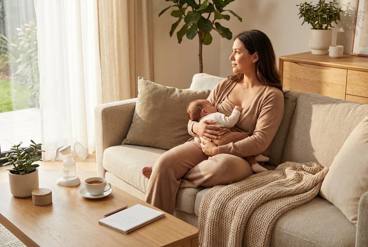 A mother in a beige outfit breastfeeds her baby on a light sofa in a sunny living room, with a breast pump on the coffee table.
