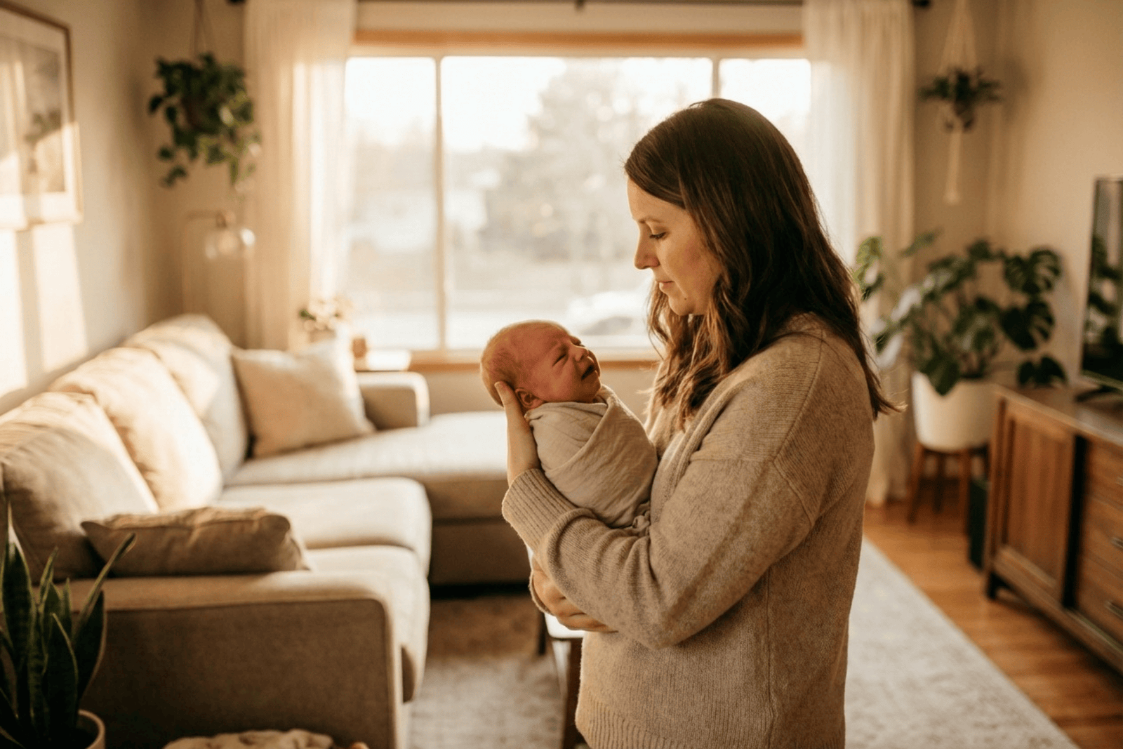 A mother in a beige sweater holds her swaddled, crying newborn in a sunlit living room.